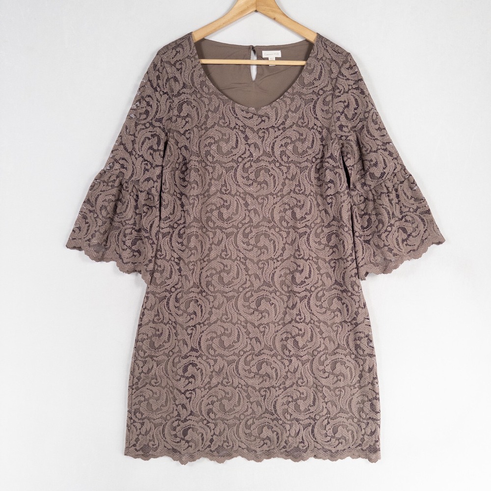 Garnet Hill Dress Sz 10 Gray Taupe Lace Lined Sheath Bell Sleeve Party Cocktail
